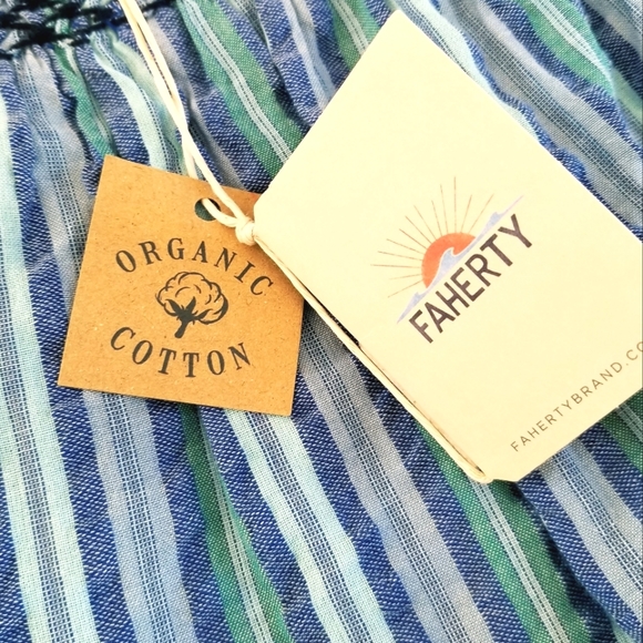 Faherty Presley Top Blue Coast Stripe Babydoll Square Neck Boho Smocked Organic - Picture 13 of 14